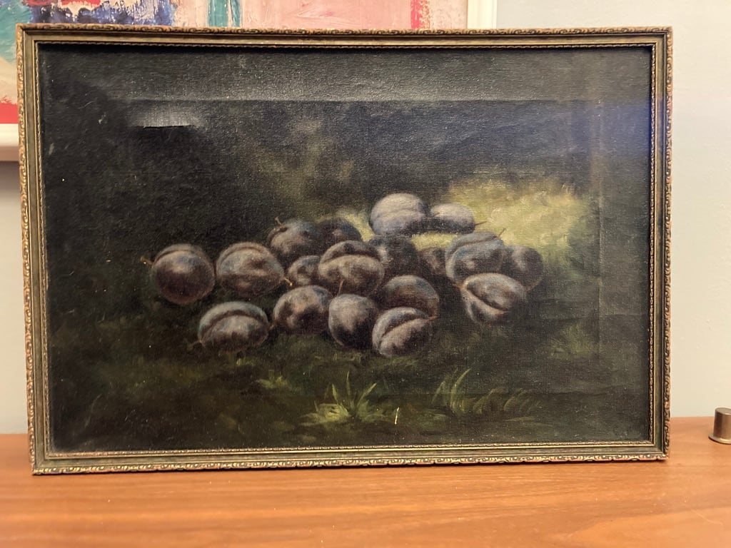 Vintage primitve painting on canvas of plums 