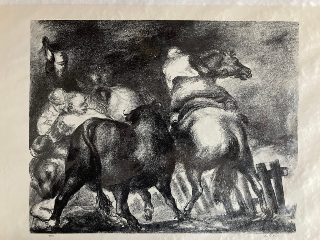 Signed 1931 lithograph "Escaped Bull" by John Corbino 