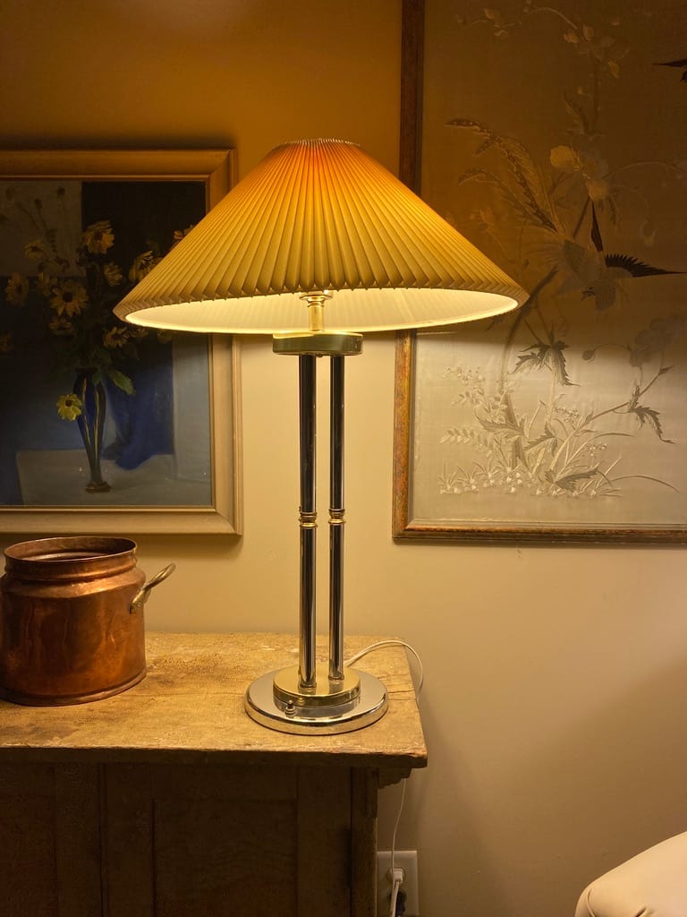 Post modern chrome and brass table lamp 