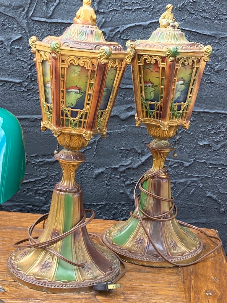 Pair of 1930's reverse painted mantle lamps 