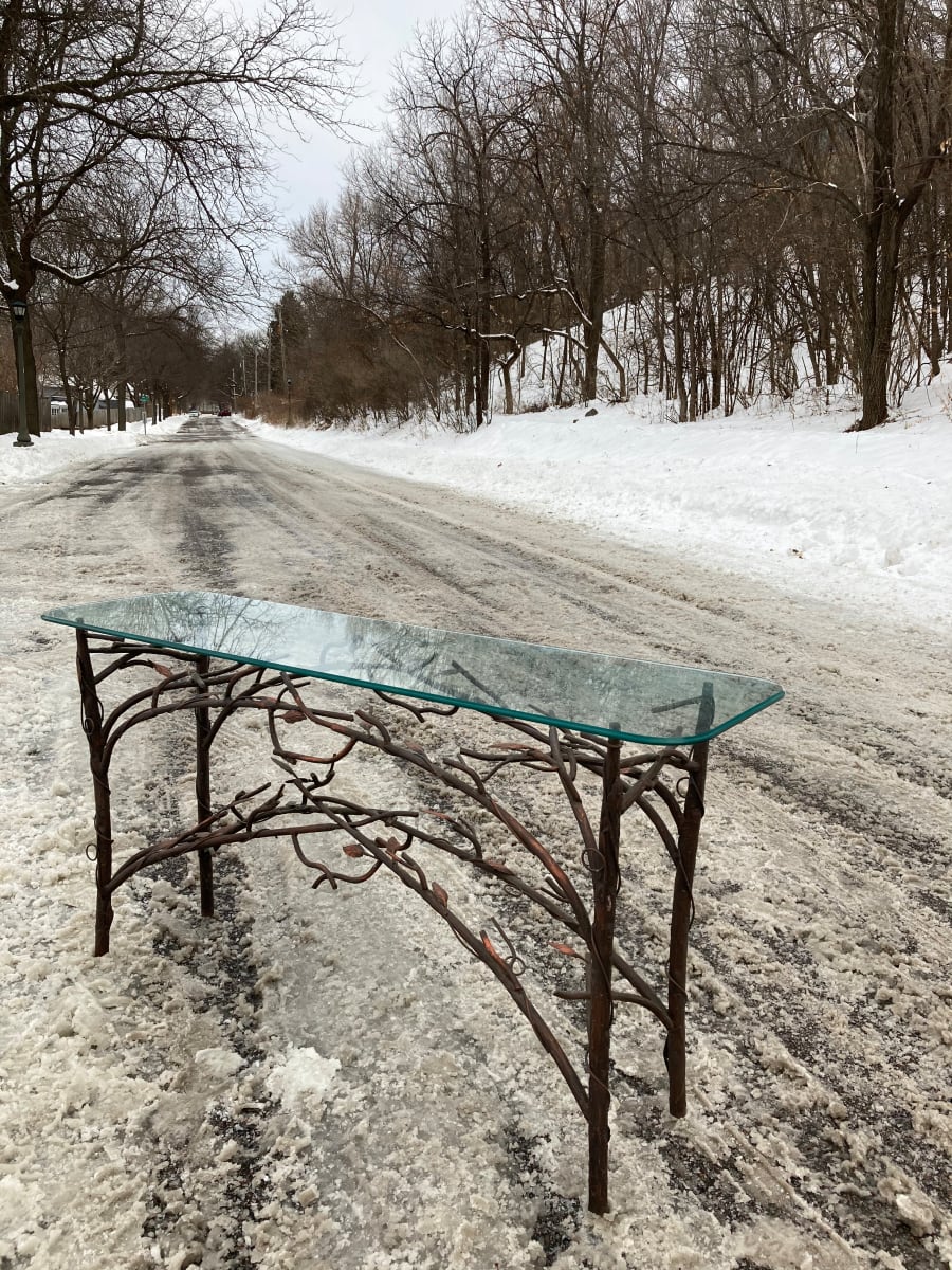 4' long wrought iron glass top twig entry accent table 