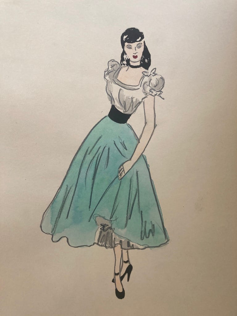 Original 1940's fashion watercolor with turquoise skirt 