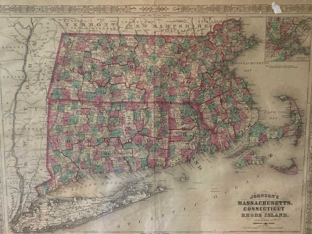 SHRINKWRAPPED 1864 map of Massachusetts 