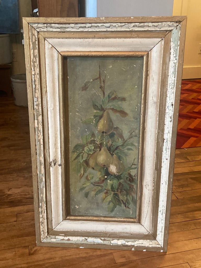 Original primitive painting on canvas of pears 