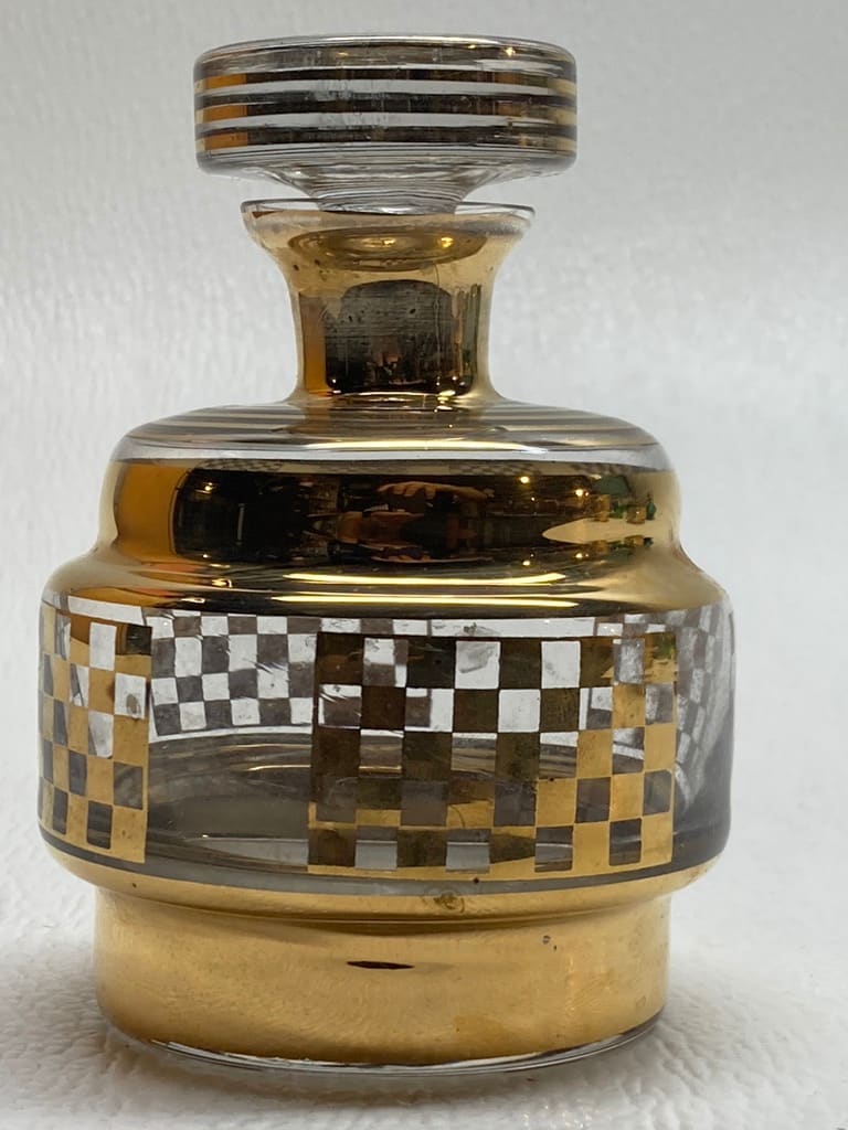 Art Deco gold painted checker board patten Perfume bottle with stopper 