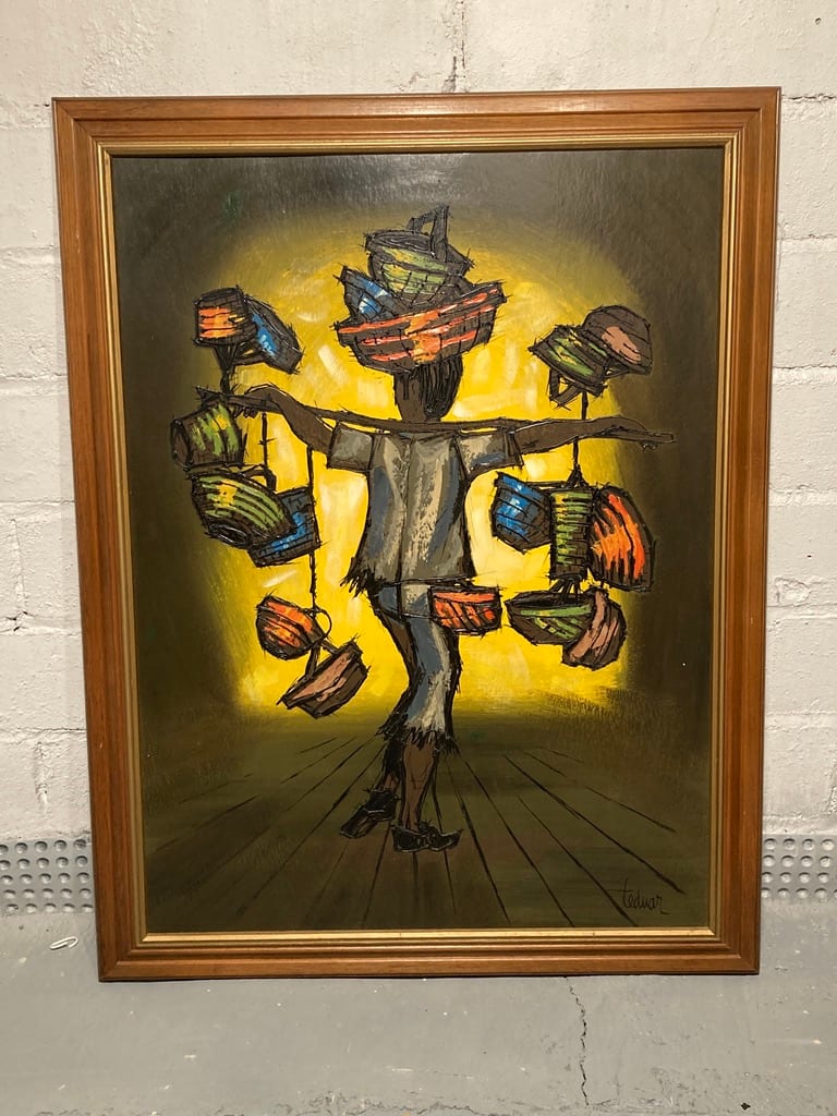 Large mid century modern oil painting of man and baskets 