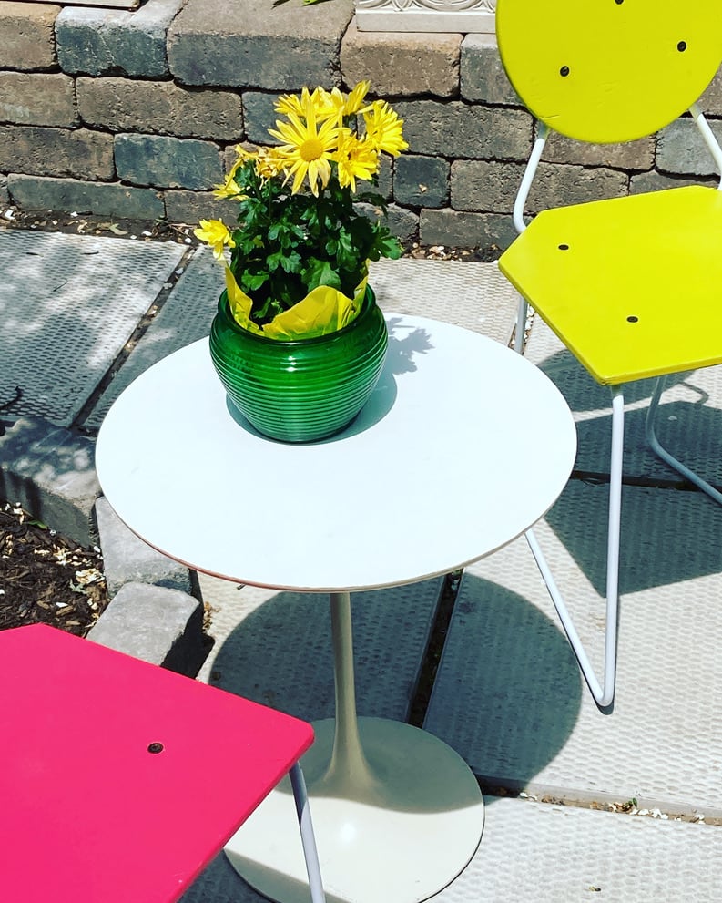 post modern chair with white iron frame and Chartreuse wooden seat 