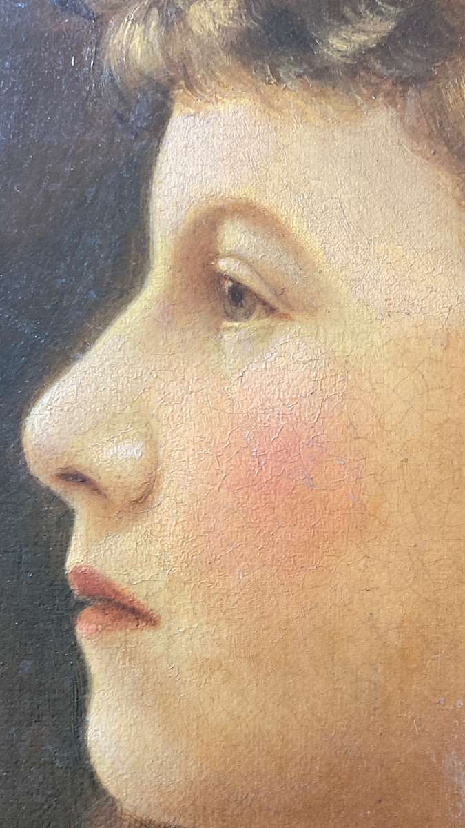 original unsigned painting on canvas of girl in white blouse  #122 