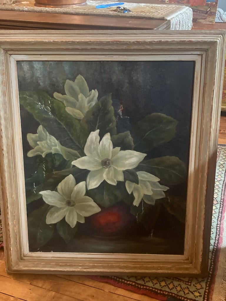 Original primitive painting on canvas of Magnolia 