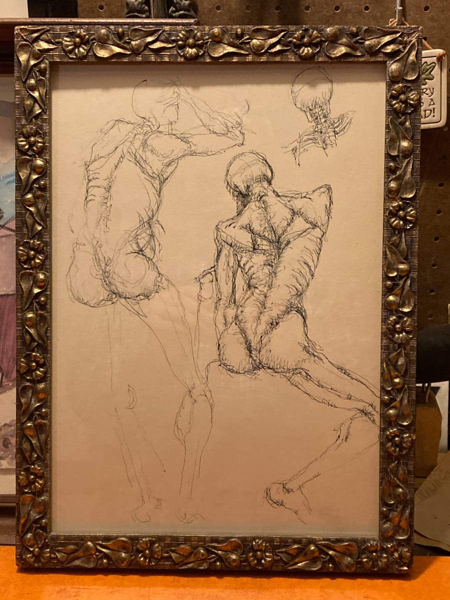 Framed James Quentin Young skeletal sketch drawing 