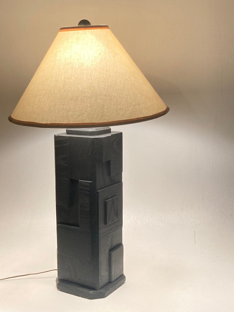 Brutalist painted black wooden and plaster table lamp 