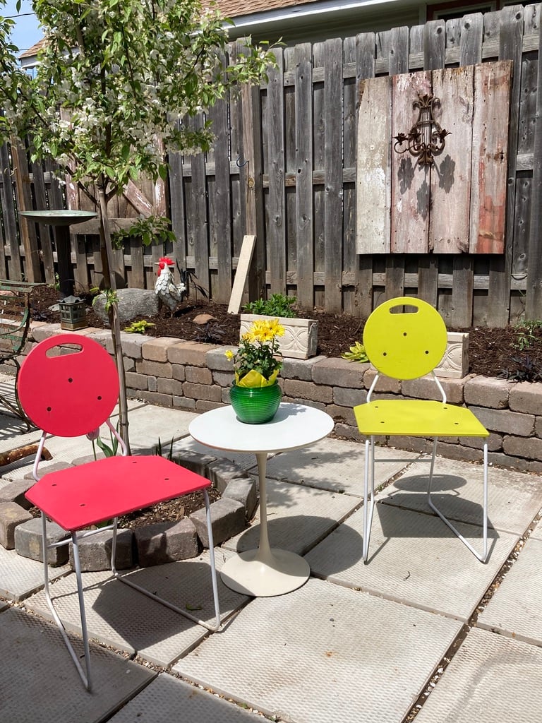 post modern chair with white iron frame and Coral wooden seat 