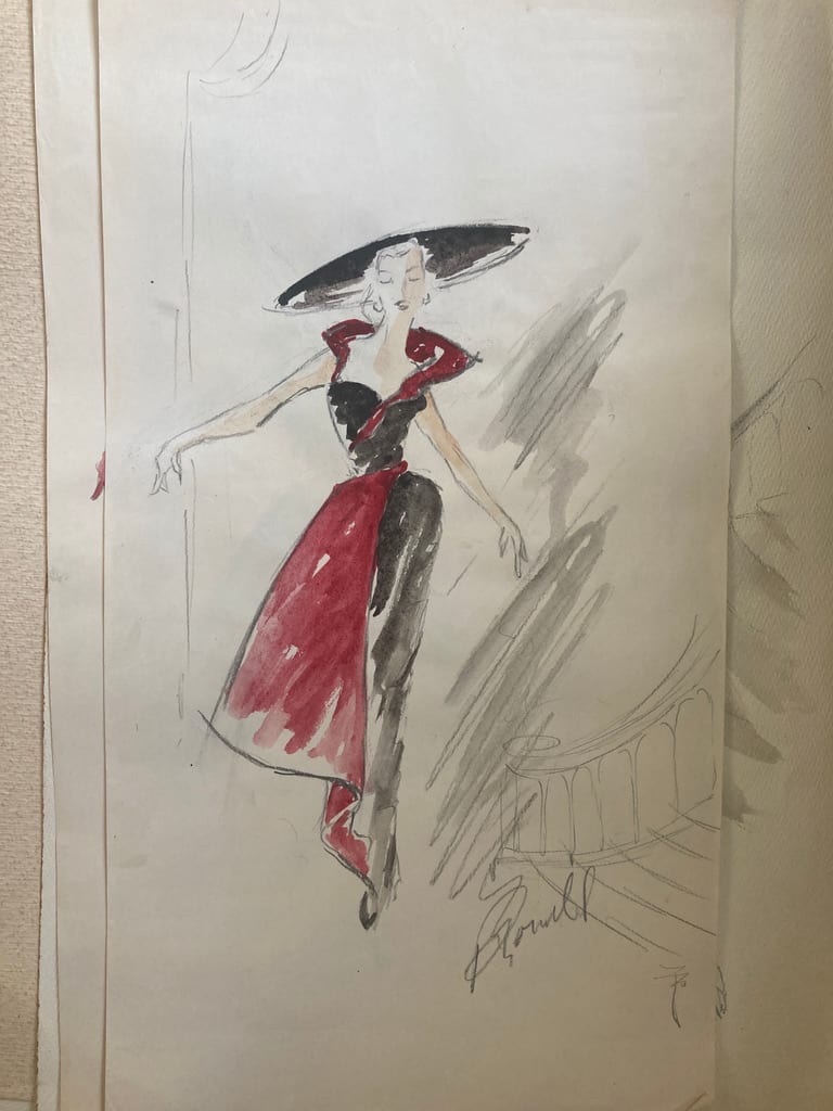 1940's original fashion watercolor with Red dress and black hat 