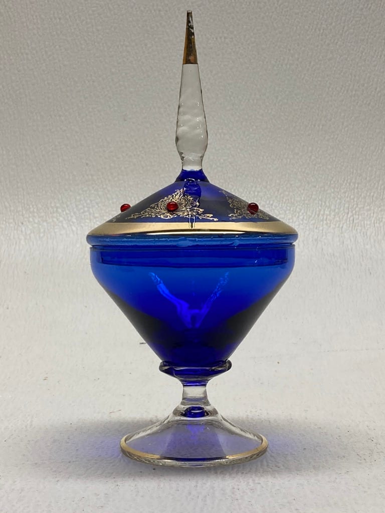 Cobalt Bohemian glass covered powdered dish 