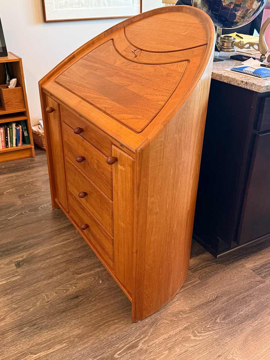 Danish solid teak rounded drop front desk, Image 1.