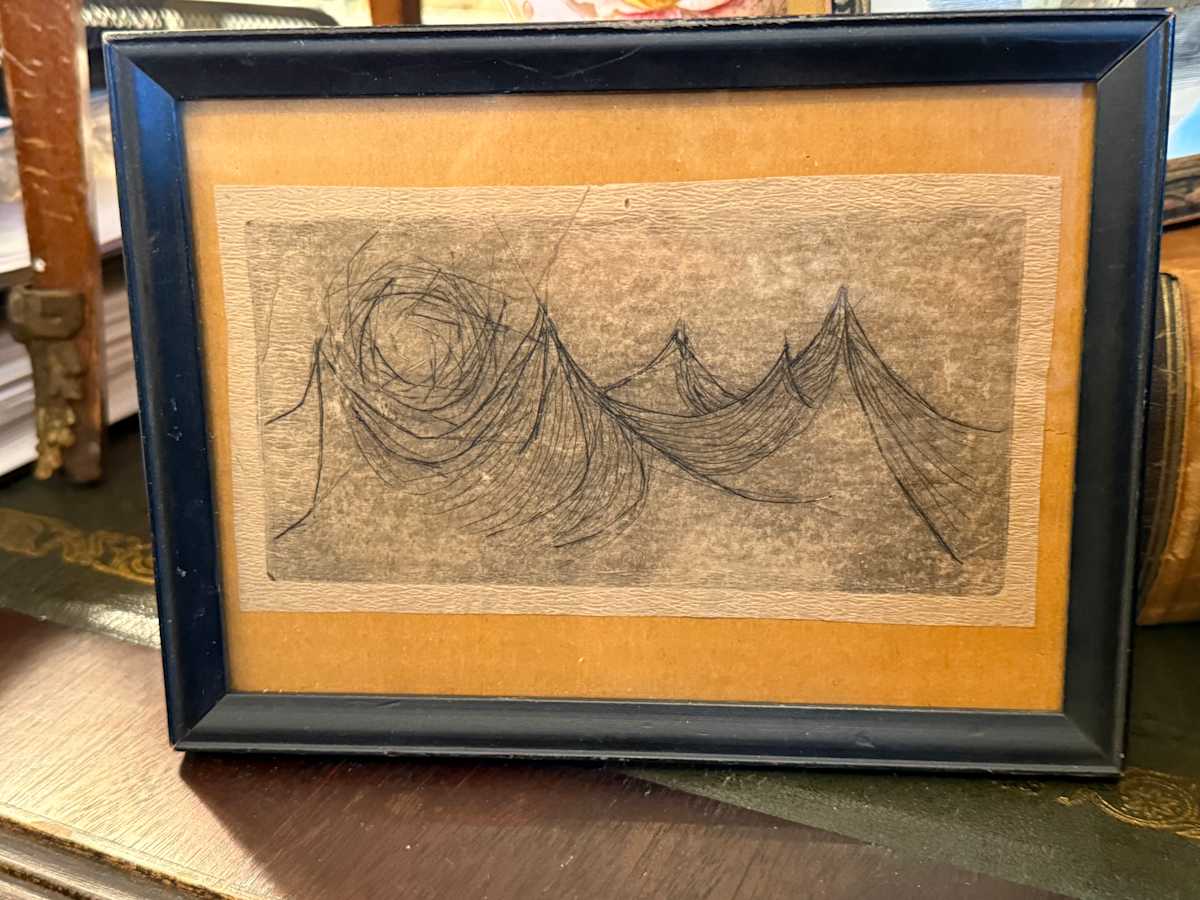 Framed mini etching of mountains 