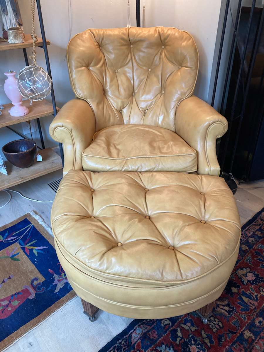 Mustard leather chair and ottoman 