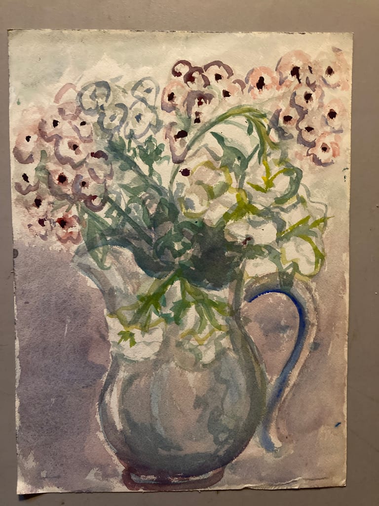 Unframed Elizabeth Grant watercolor vase with flowers 