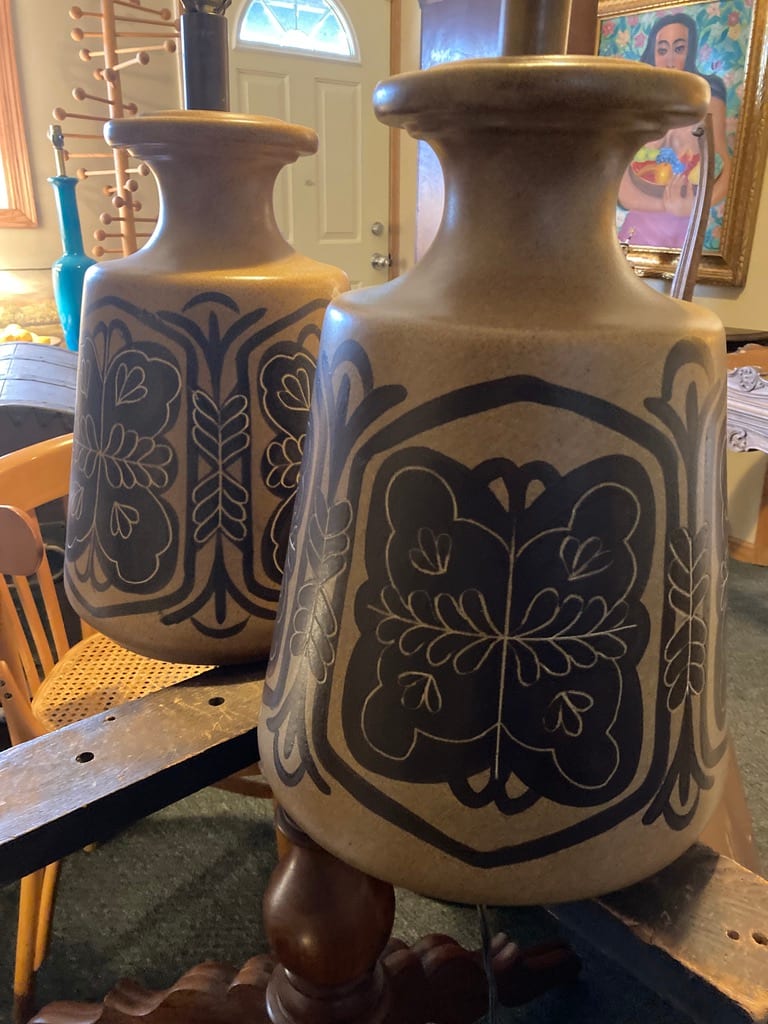 Pair of mid century modern pottery lamps 