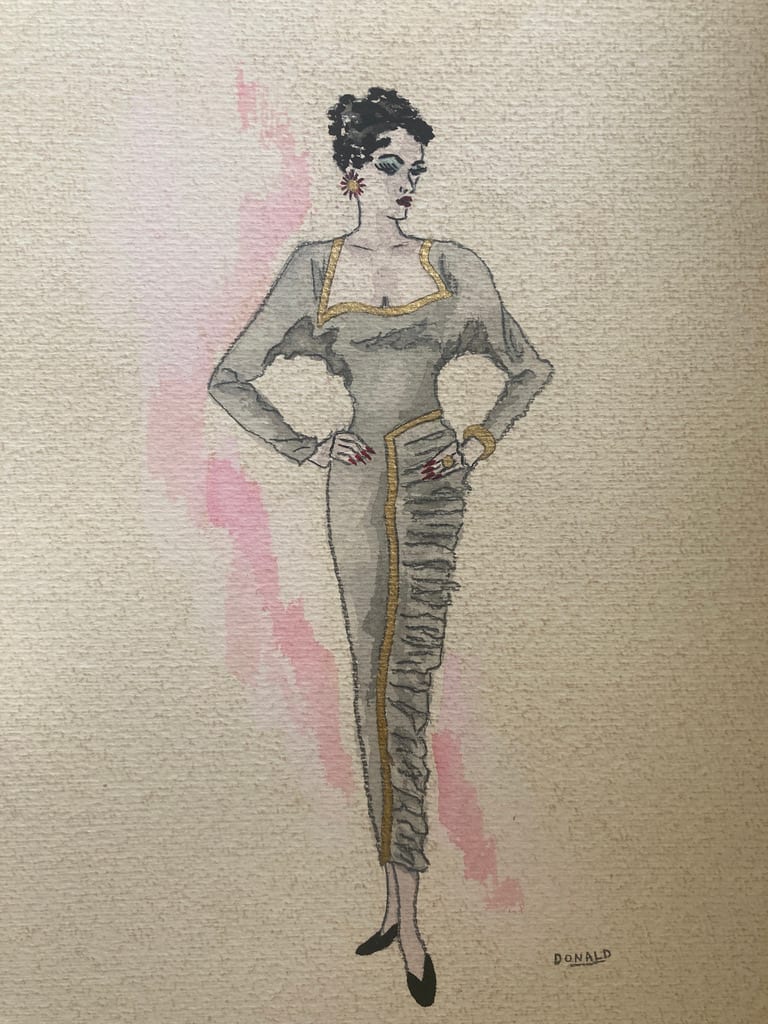 Framed1940's original fashion watercolor with long Grey gown 