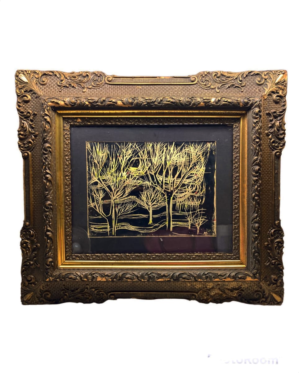 Framed Alan Caine woodblock of trees 