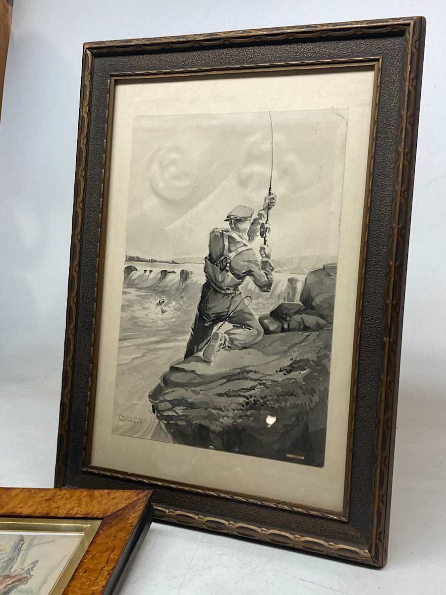 1930's original watercolor of fly fisherman 