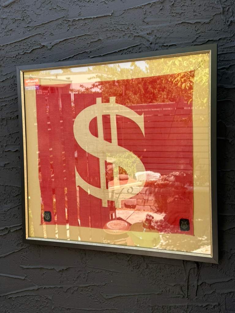 Framed folk dollar sign linen flag, Image 1.
