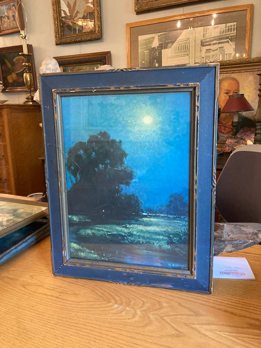 vintage framed moonlight and tree  scene lithograph 