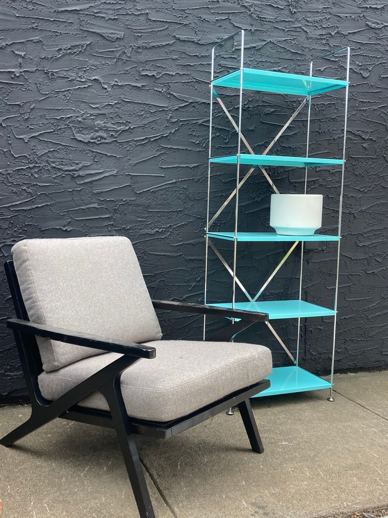 Turquoise metal and chrome shelf 