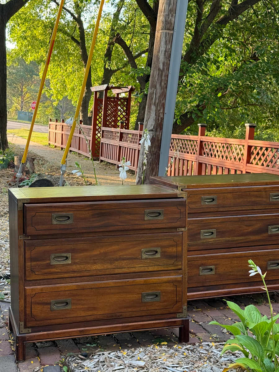 Pair of Campaign 3 drawer chests 