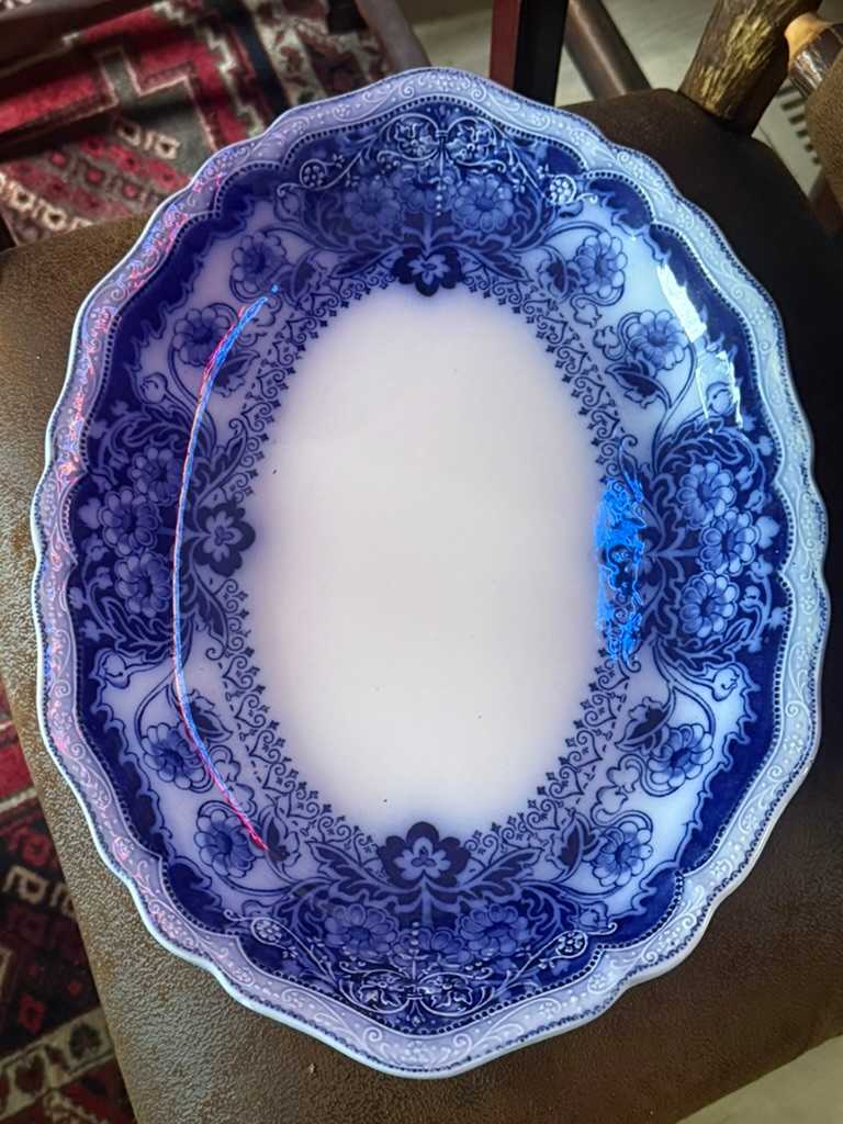16" oval blue and white transfer ware platter, Image 3.
