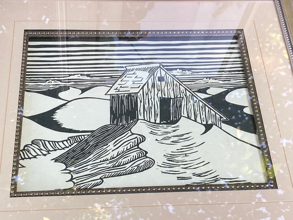 Framed original lino cut by James Quentin Young 