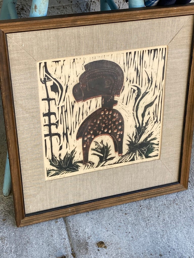 Framed mid century modern woodblock 