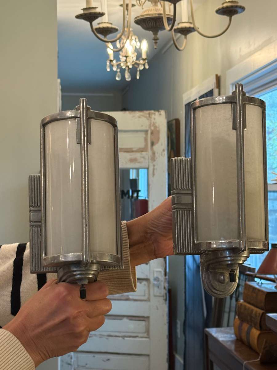 Pair of Art Deco bathroom chrome sconces 