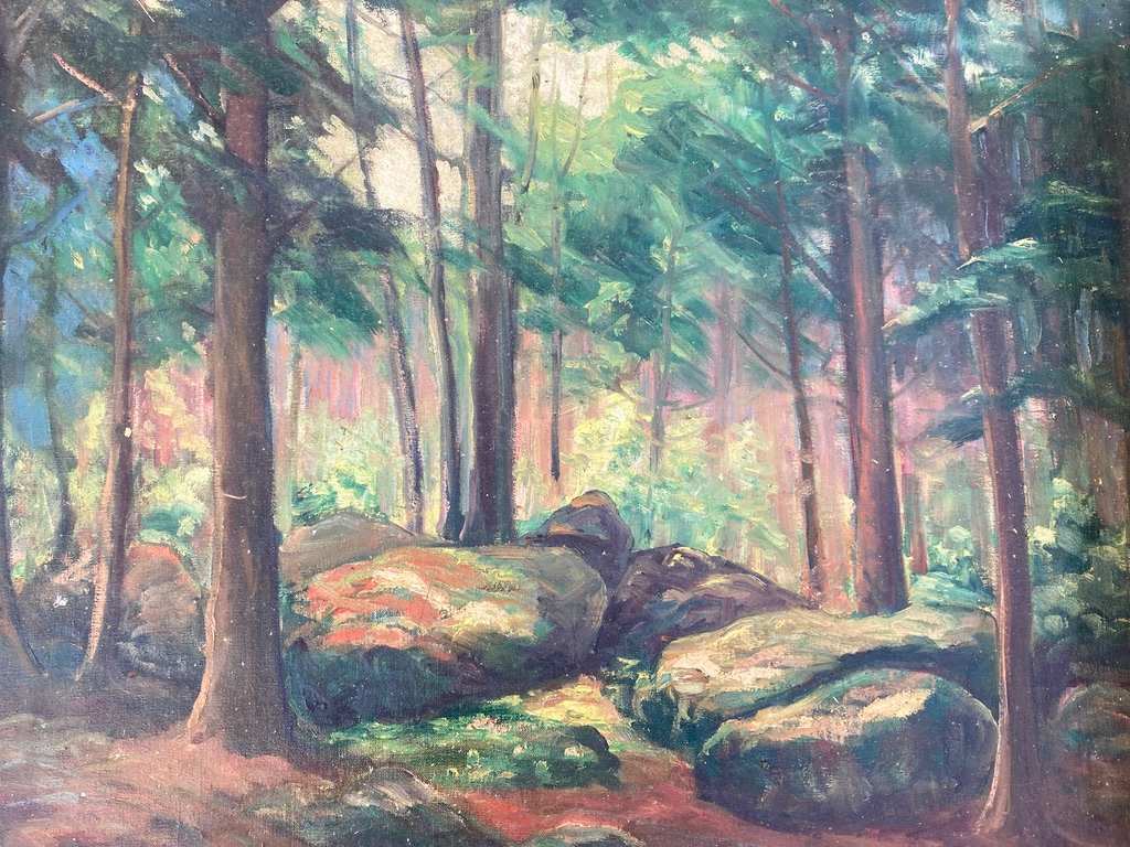 Carl G. T. Olson original painting of a forest scene with bolders on canvas #174 