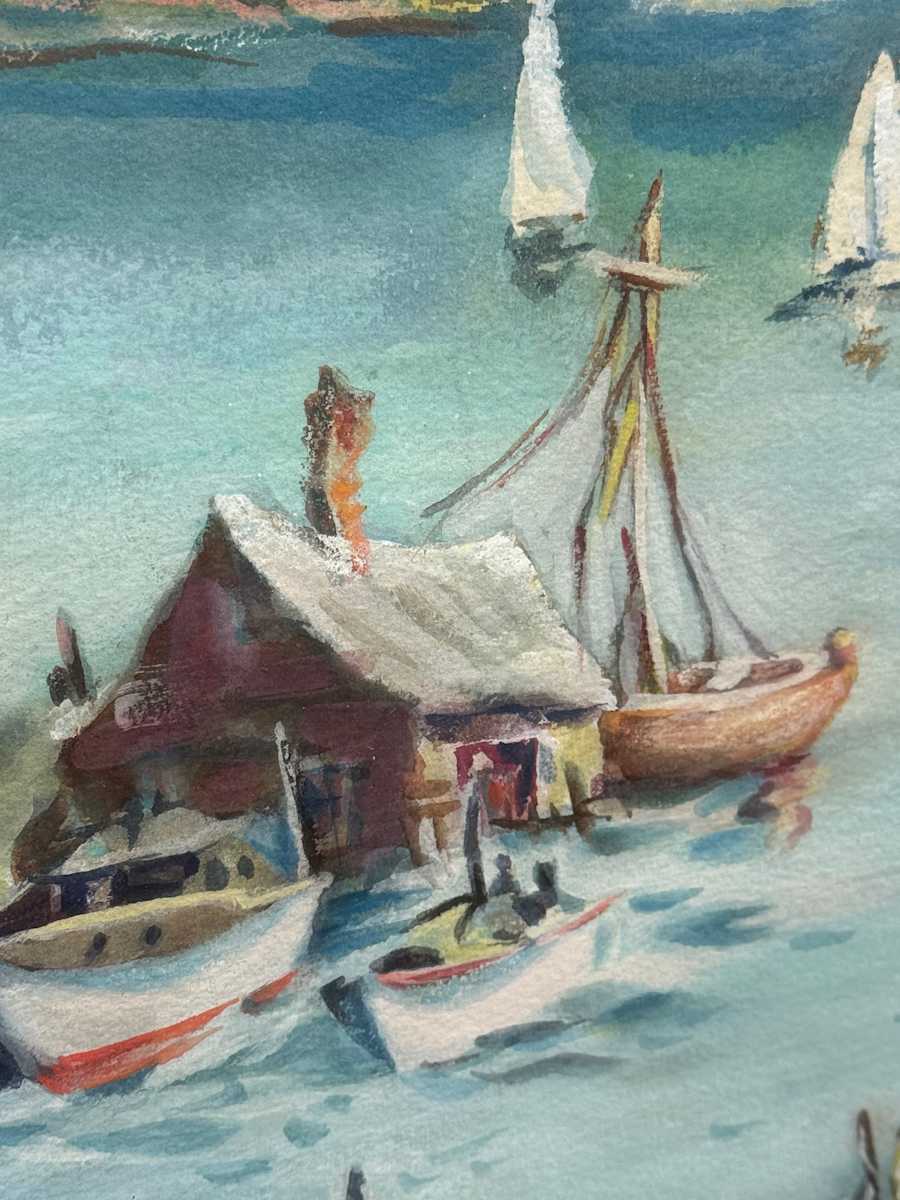 Framed watercolor of sailboats 