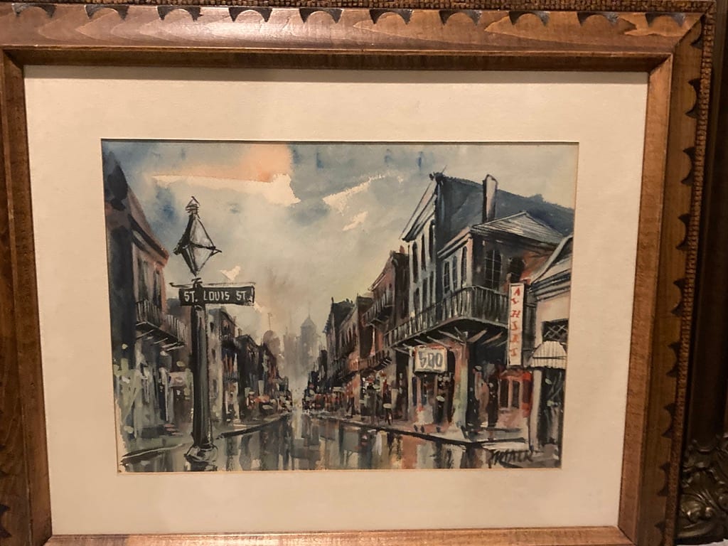 Framed watercolor of street scene 