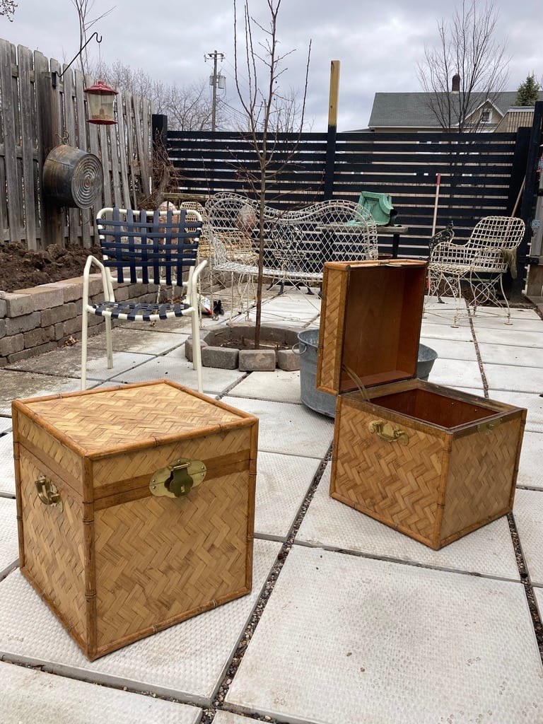 Pair of Woven boxes with brass handles 