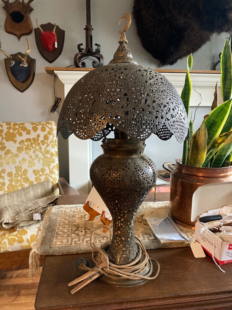 Original period Turkish pierced metal table lamp 