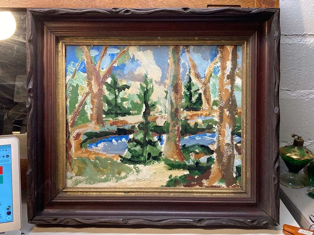 Framed Elizabeth Grant  watercolor landscape pines 