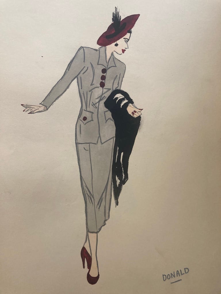 Original 1940's fashion watercolor with grey dress 