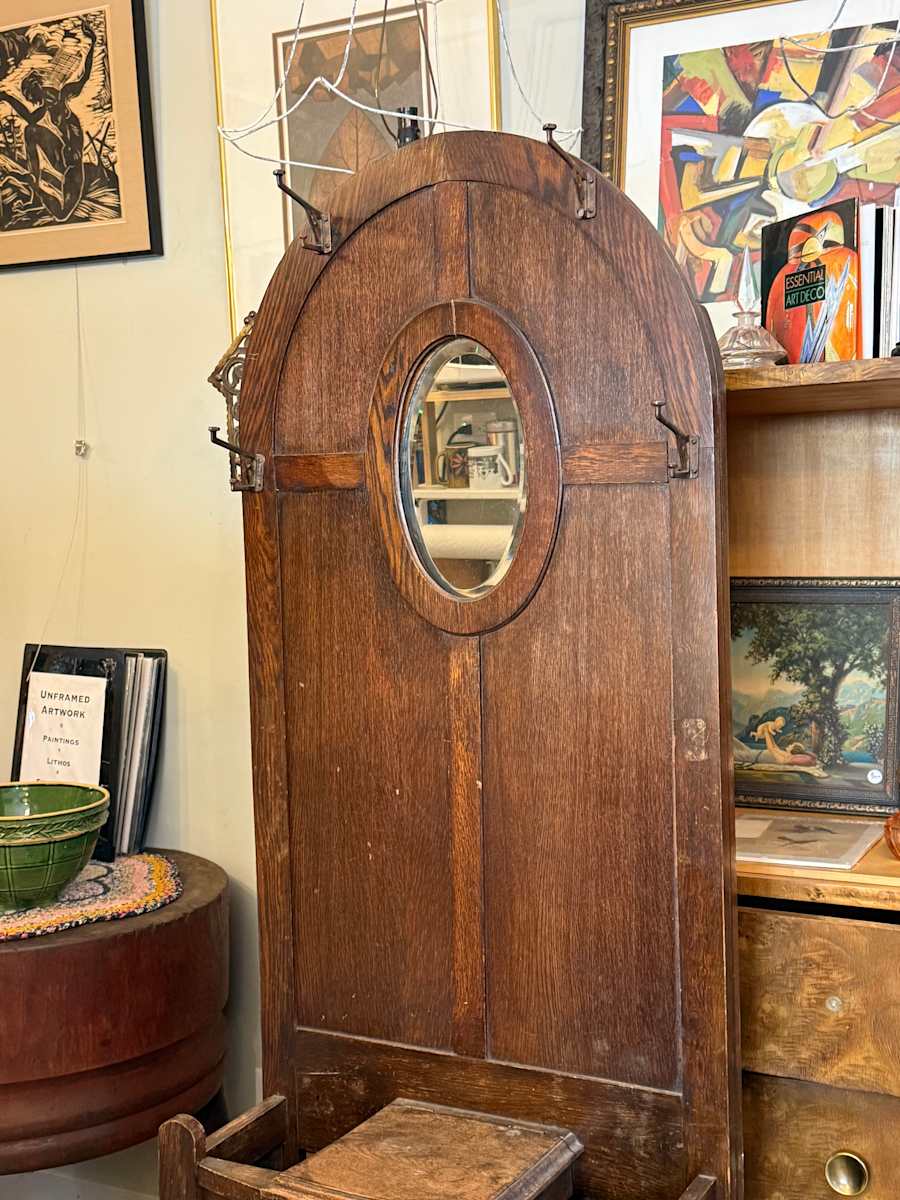 Vintage oak hall tree with mirror 