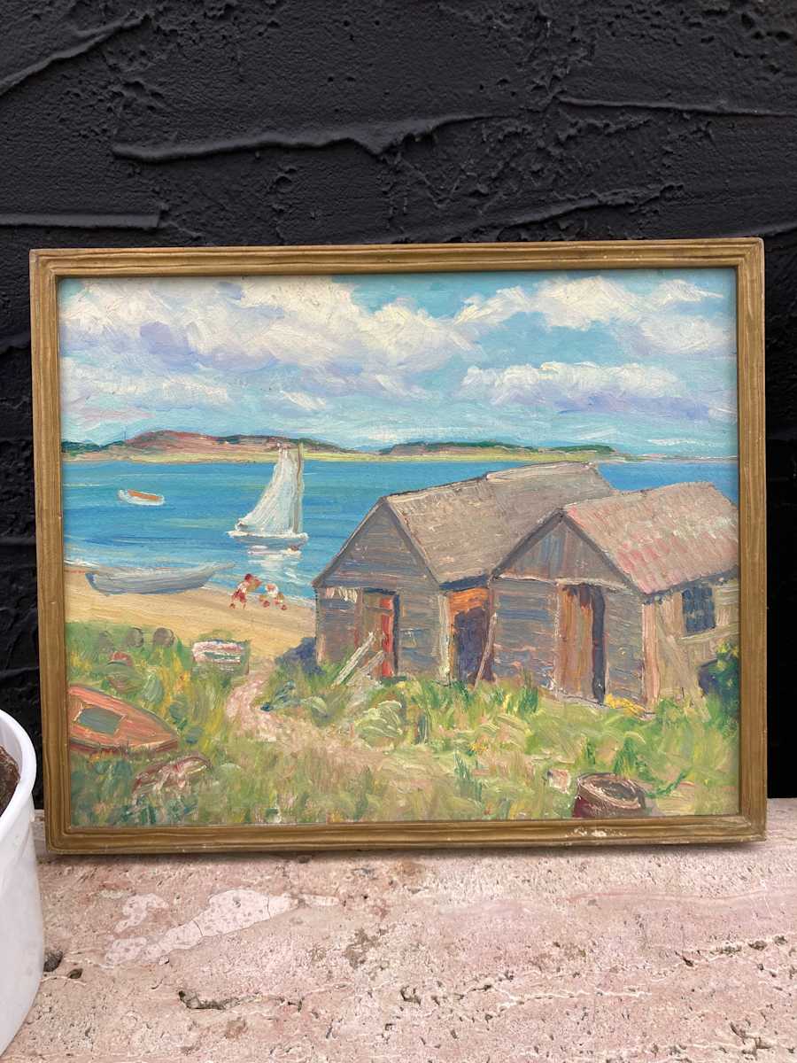 Carl G.T. Olson original painting on board coastal scene with sheds and boat  #25 