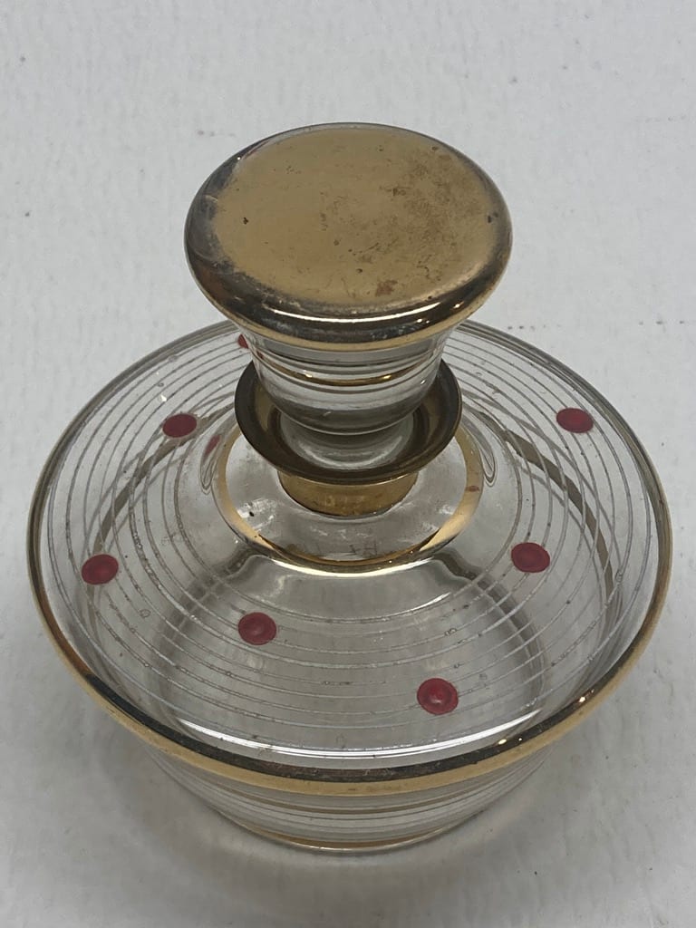 Art Deco hand painted gold with red dots perfume bottle with stopper 