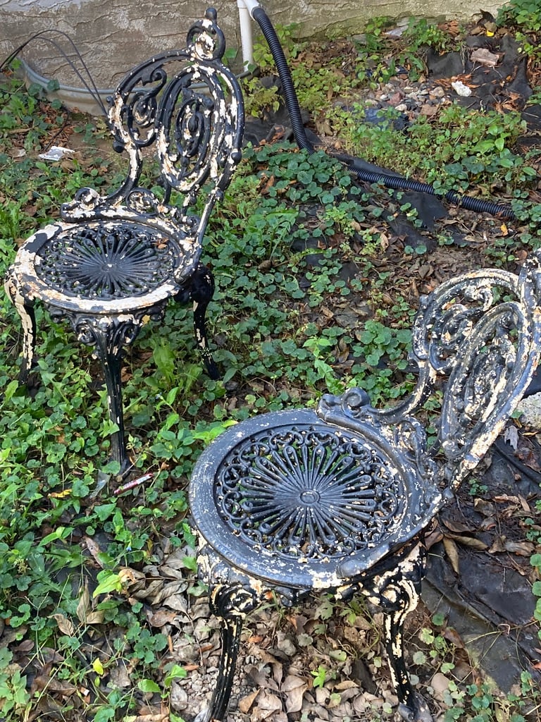 Pair of vintage black IRON garden chairs 