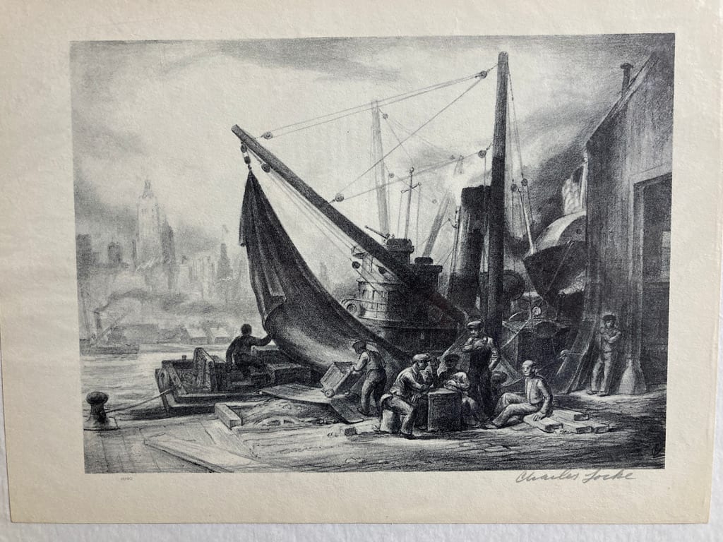 FRAMED 1931 signed lithograph "Water Front" by Charles Locke 