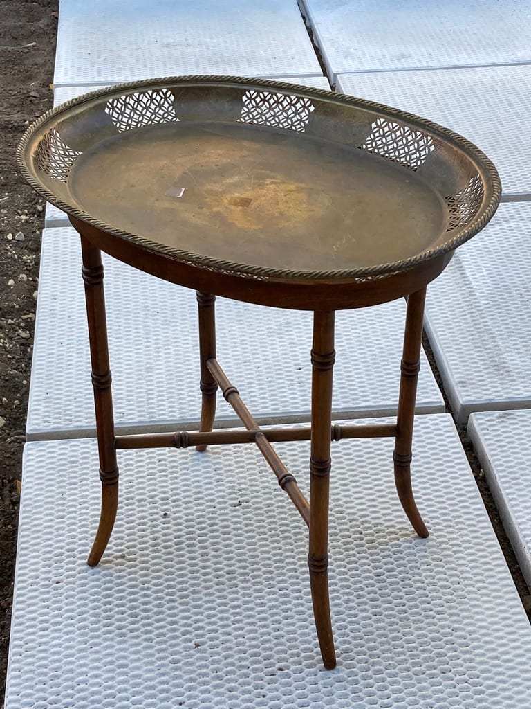 Small bamboo style table with brass tray 