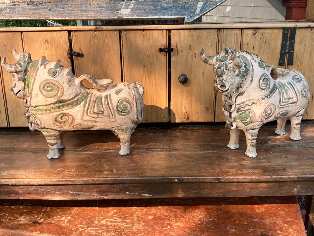 Mid century modern terra cotta hand painted bull 