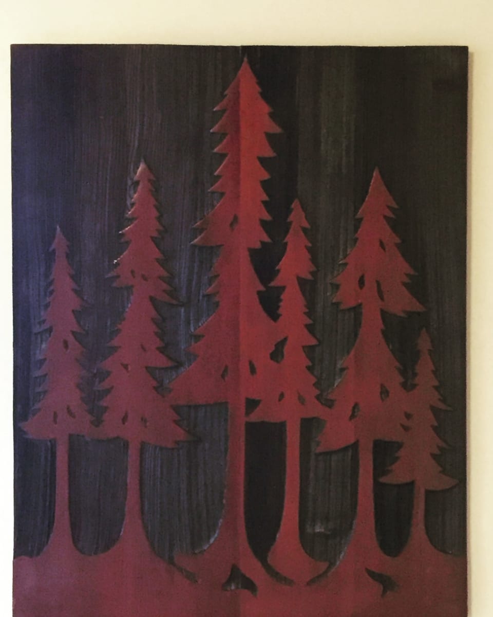 Media blast redwood panel with fir tree decoration 