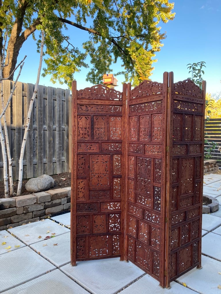 Indonesian teak 4 panel carved screen 